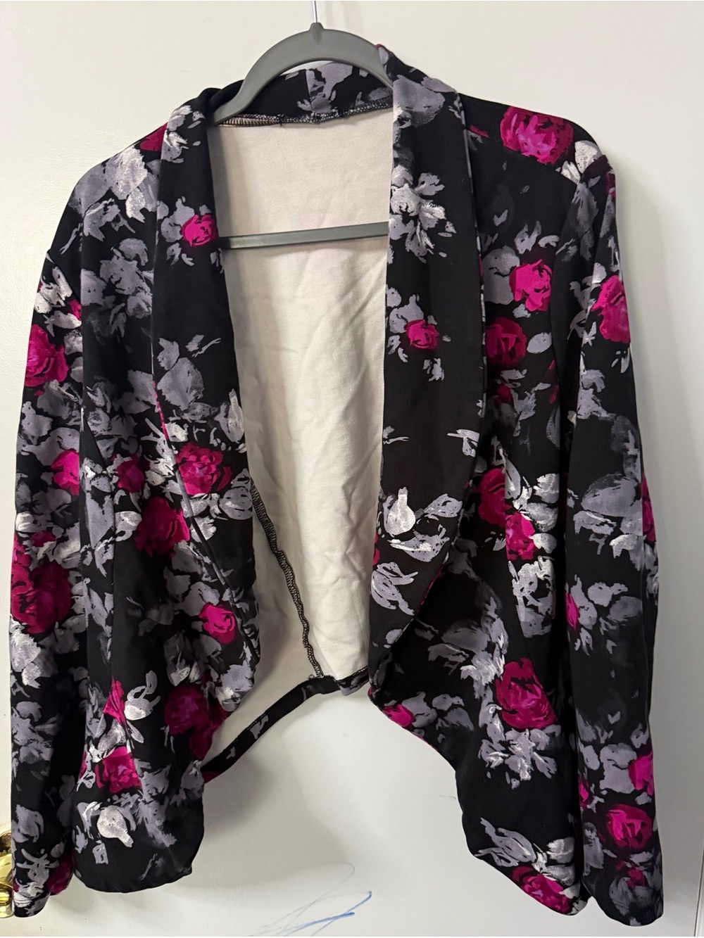 Women's Black Floral Open-Front Jacket - Pink & Gray Accents